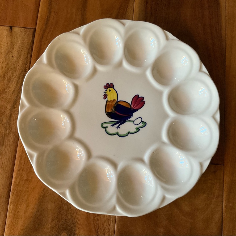 Vintage PV Deviled Egg Dish Ceramic White Chicken Design Hand Painted